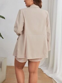 SHEIN Essnce 秋冬双排扣西装外套和短裤 - 卡其色 - 查看 2