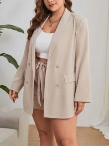 SHEIN Essnce 秋冬双排扣西装外套和短裤 - 卡其色 - 查看 5