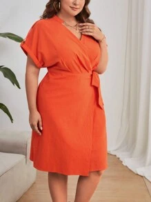 SHEIN Privé 大碼蝙蝠袖側打結圍裹式連衣裙 - 亮橙色 - 查看 3