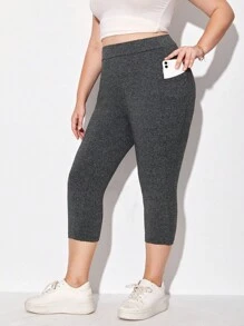 SHEIN Essnce 大碼素色七分打底褲帶手機袋 - 深灰色 - 查看 1