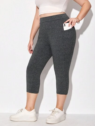 SHEIN Essnce 大碼素色七分打底褲帶手機袋