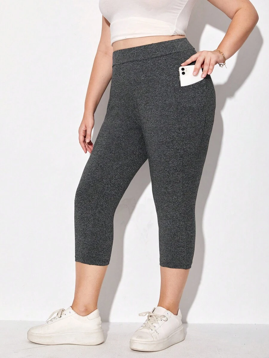 SHEIN Essnce 大碼素色七分打底褲帶手機袋 - 深灰色 - 查看 1