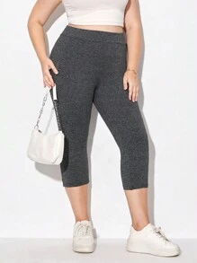 SHEIN Essnce 大碼素色七分打底褲帶手機袋 - 深灰色 - 查看 4