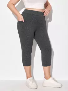 SHEIN Essnce 大碼素色七分打底褲帶手機袋 - 深灰色 - 查看 7