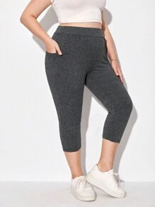 SHEIN Essnce 大碼素色七分打底褲帶手機袋 - 深灰色 - 查看 6