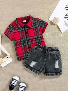 男嬰格子呢圖案襯衫和破洞牛仔短褲 - 彩色 - 查看 1