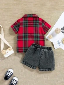 男嬰格子呢圖案襯衫和破洞牛仔短褲 - 彩色 - 查看 2
