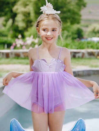 Toddler Girls Mesh Overlay One Piece Swimsuit