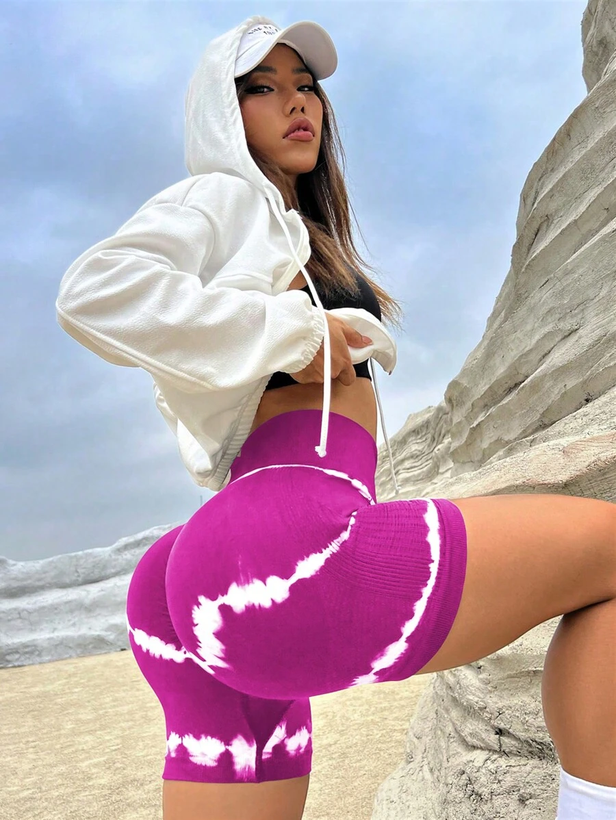 Yoga Trendy Quần Shorts Thể thao Nữ Cà vạt nhuộm - Màu Hồng Tươi - Xem 1