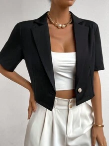 SHEIN Privé 素色單釦短版西裝 - 黑色 - 查看 4