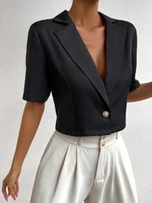 SHEIN Privé 素色單釦短版西裝 - 黑色 - 查看 5