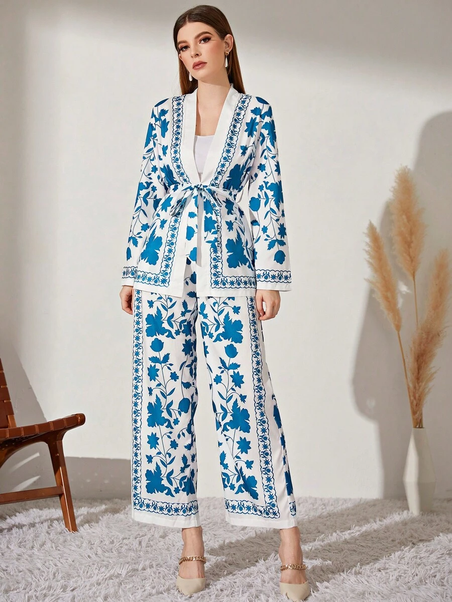 Modelyn Floral Print Belted Coat & Wide Leg Pants - Blue and White - View 1