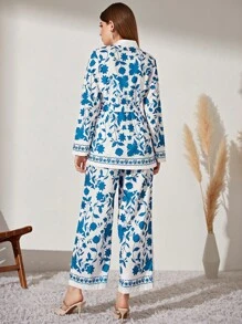 Modelyn Floral Print Belted Coat & Wide Leg Pants - Blue and White - View 2