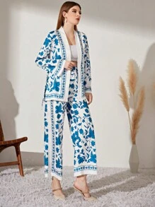 Modelyn Floral Print Belted Coat & Wide Leg Pants - Blue and White - View 5