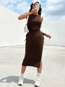 SHEIN EZwear Mùa hè Cắt ra Bên dây rút Tách đùi Sô cô la Nâu Đầm - Màu nâu Sô-cô-la - Xem 6
