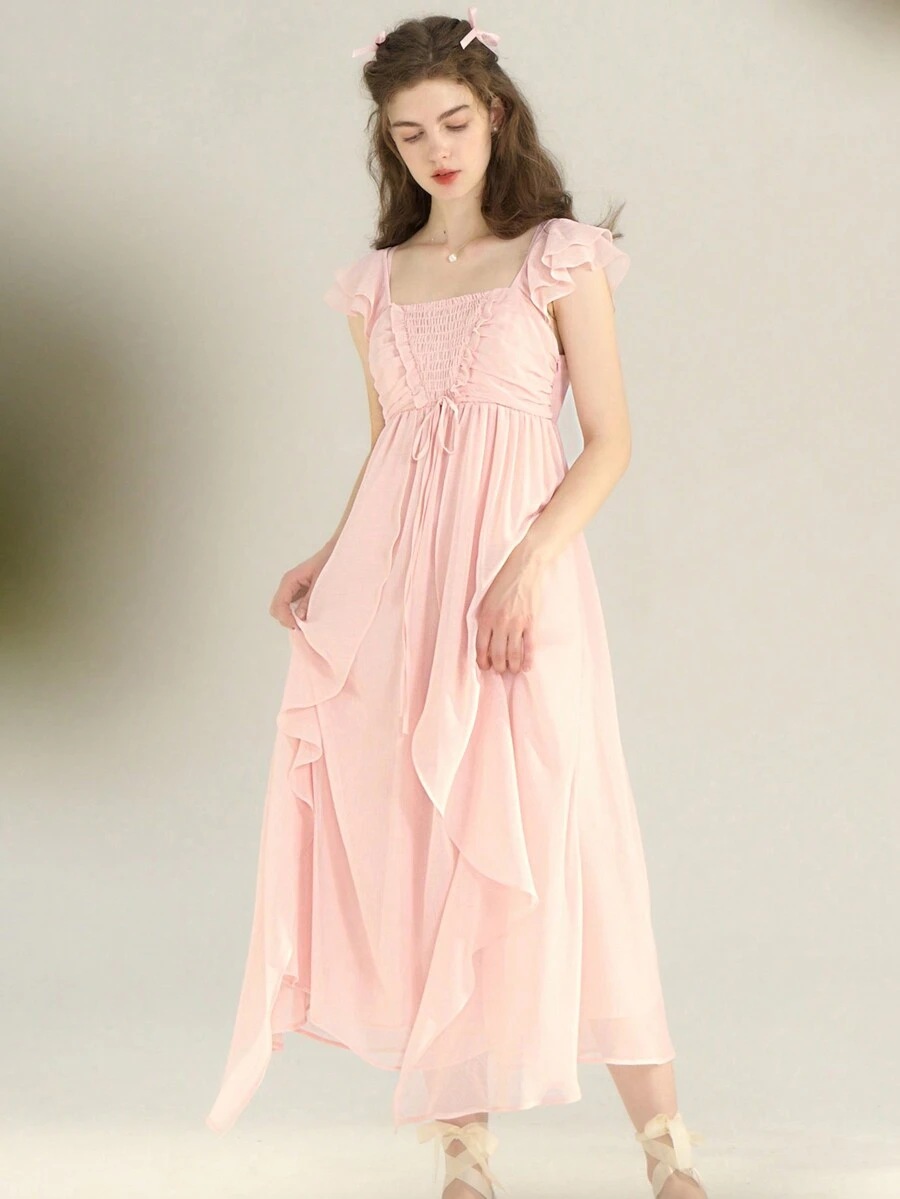 Simple Retro 挖肩後背繫帶荷葉邊雪紡洋裝 - 淺粉色 - 查看 1