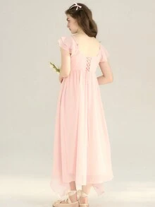 Simple Retro 挖肩後背繫帶荷葉邊雪紡洋裝 - 淺粉色 - 查看 2