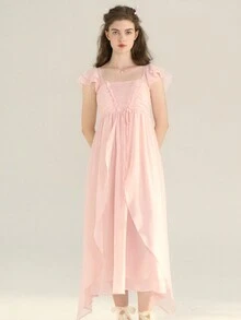 Simple Retro 挖肩後背繫帶荷葉邊雪紡洋裝 - 淺粉色 - 查看 5