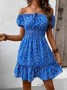 SHEIN VCAY 碎花一字肩前打結荷葉邊連衣裙 - 藍色 - 查看 1