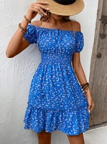 SHEIN VCAY 碎花一字肩前打結荷葉邊連衣裙 - 藍色 - 查看 3