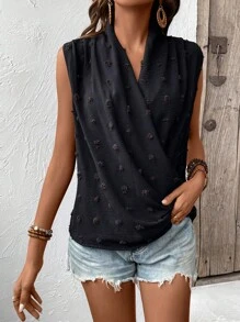 SHEIN LUNE Swiss Dot Surplice Neck Sleeveless Blouse - Black - View 3