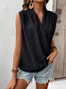 SHEIN LUNE Swiss Dot Surplice Neck Sleeveless Blouse - Black - View 5