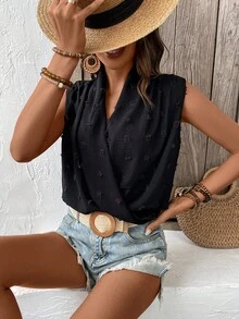 SHEIN LUNE Swiss Dot Surplice Neck Sleeveless Blouse - Black - View 6