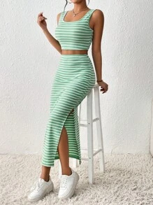 SHEIN Unity 條紋印花短款背心和高衩半身裙 - 薄荷綠 - 查看 1