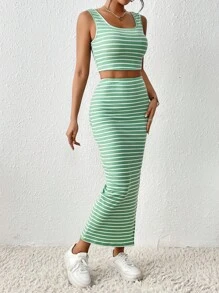 SHEIN Unity 條紋印花短款背心和高衩半身裙 - 薄荷綠 - 查看 4