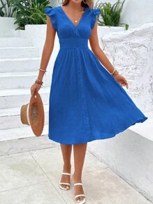 Breezaya 素色荷葉邊連衣裙 - 藍色 - 查看 4