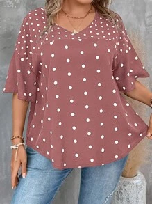 SHEIN LUNE 大碼波點圖案落肩袖襯衫 - 藕粉色 - 查看 1