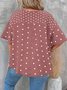 SHEIN LUNE 大碼波點圖案落肩袖襯衫 - 藕粉色 - 查看 2