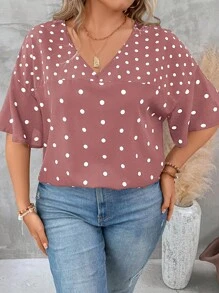 SHEIN LUNE 大碼波點圖案落肩袖襯衫 - 藕粉色 - 查看 4