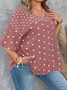 SHEIN LUNE 大碼波點圖案落肩袖襯衫 - 藕粉色 - 查看 5