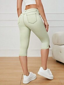 SHEIN Unity Split Hem Skinny Capri Jeans - Army Green - View 2