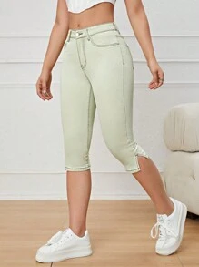 SHEIN Unity Split Hem Skinny Capri Jeans - Army Green - View 4