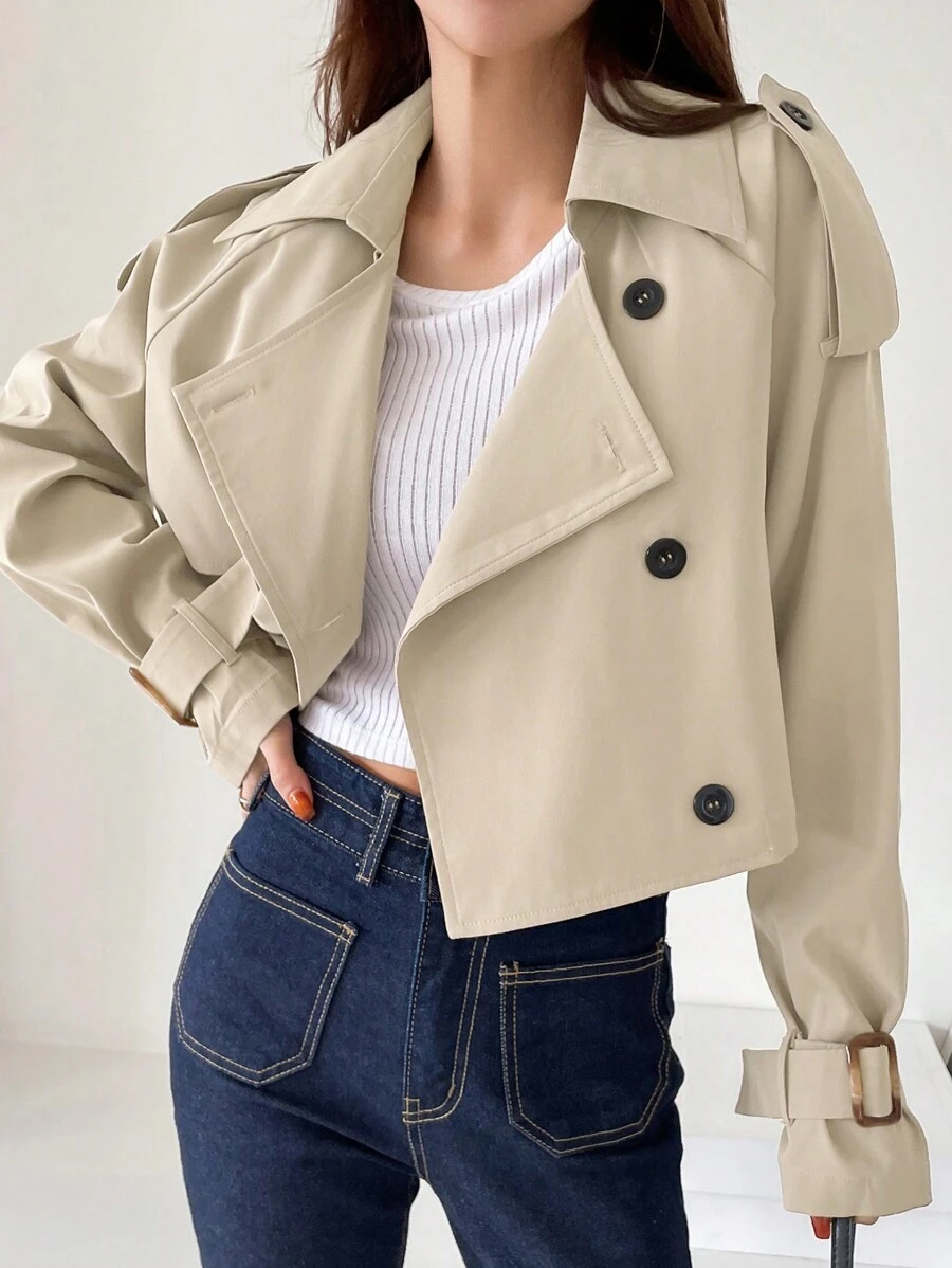 DAZY Buckle Detail Raglan Sleeve Button Front Trench Coat,Back To School Clothes Women Jacket,Fall Women Clothes - Khaki - View 1
