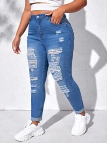 SHEIN LUNE 大碼高腰破洞緊身牛仔褲 - 中等水洗藍 - 查看 4