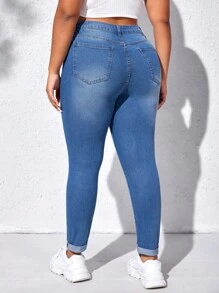 SHEIN LUNE 大碼高腰破洞緊身牛仔褲 - 中等水洗藍 - 查看 2