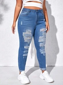 SHEIN LUNE 大碼高腰破洞緊身牛仔褲 - 中等水洗藍 - 查看 1