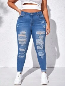 SHEIN LUNE 大碼高腰破洞緊身牛仔褲 - 中等水洗藍 - 查看 3