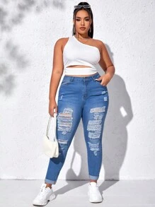 SHEIN LUNE 大碼高腰破洞緊身牛仔褲 - 中等水洗藍 - 查看 5