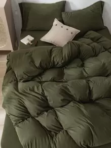 3pcs Green Flannel Duvet Cover And Pillowcase Set - Army Green - View 1