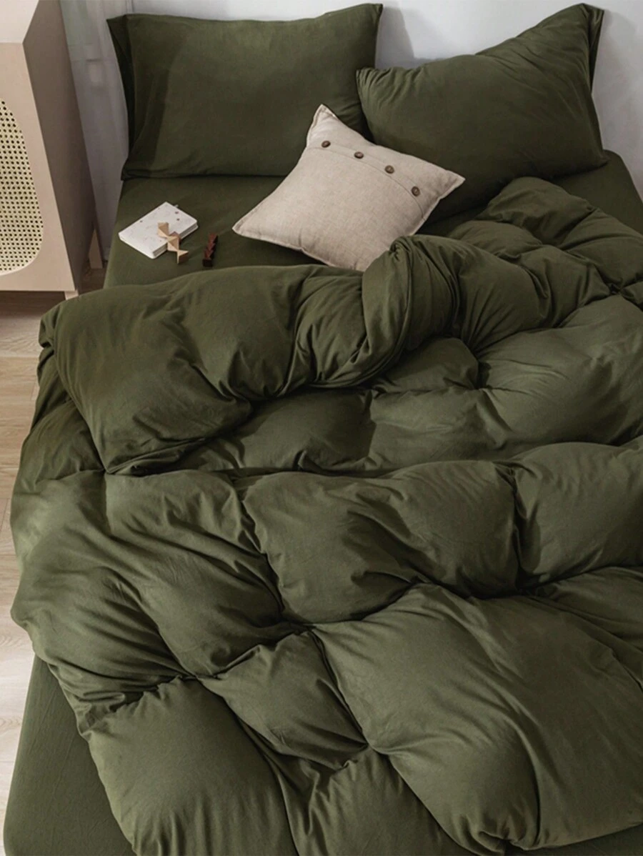 3pcs Green Flannel Duvet Cover And Pillowcase Set - Army Green - View 1