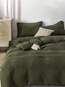 3pcs Green Flannel Duvet Cover And Pillowcase Set - Army Green - View 2