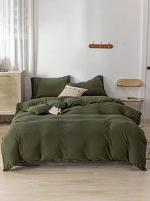 3pcs Green Flannel Duvet Cover And Pillowcase Set - Army Green - View 5