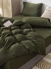 3pcs Green Flannel Duvet Cover And Pillowcase Set - Army Green - View 6