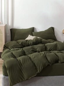 3pcs Green Flannel Duvet Cover And Pillowcase Set - Army Green - View 7