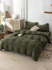 3pcs Green Flannel Duvet Cover And Pillowcase Set - Army Green - View 8