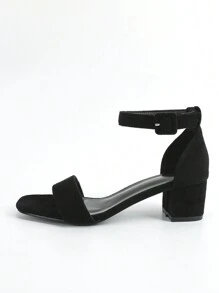 女士夏季高跟鞋、低跟鞋、粗跟鞋、金色、银色、黑色、米色系带简约凉鞋 - 黑色 - 查看 2